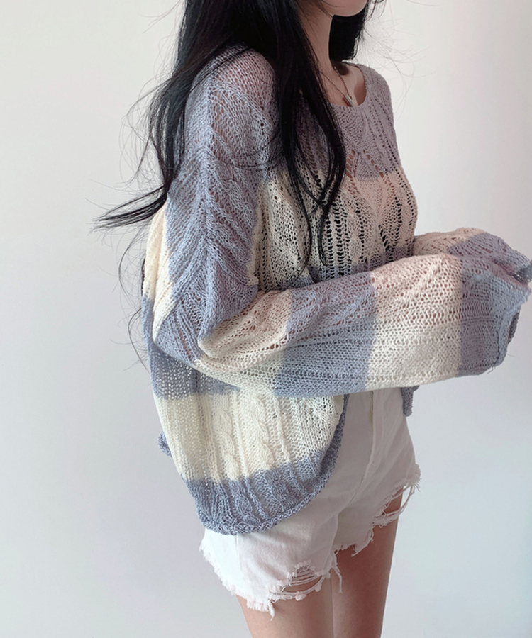 ボーダールーズ長袖夏ニット SKY BLUE