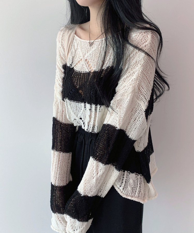 ボーダールーズ長袖夏ニット IVORY