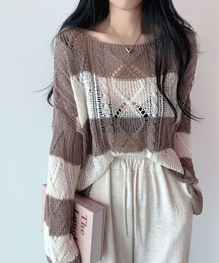 ボーダールーズ長袖夏ニット BROWN