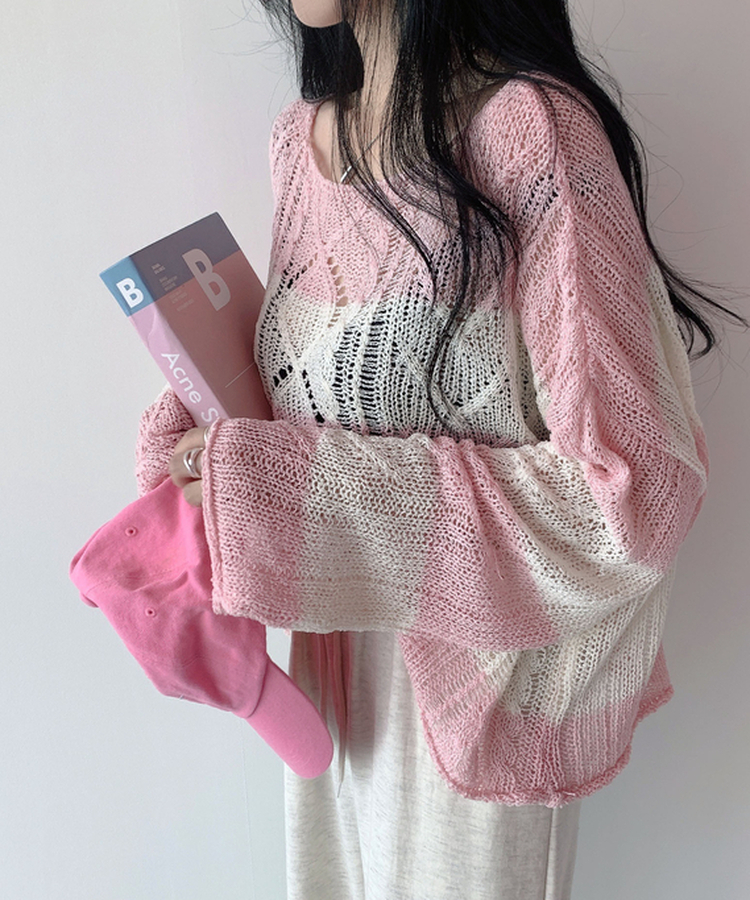 ボーダールーズ長袖夏ニット PINK