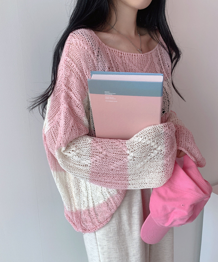 ボーダールーズ長袖夏ニット PINK