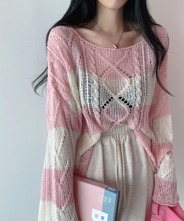 ボーダールーズ長袖夏ニット PINK