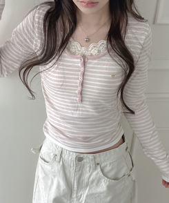 ボタンネックボーダー長袖Tシャツ PINK