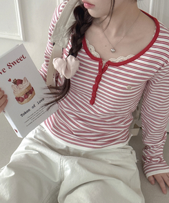 ボタンネックボーダー長袖Tシャツ RED