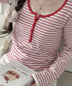 ボタンネックボーダー長袖Tシャツ RED