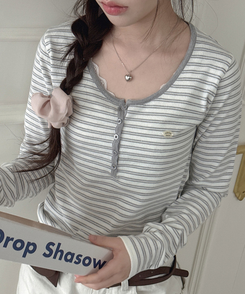 ボタンネックボーダー長袖Tシャツ GREY