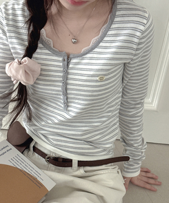 ボタンネックボーダー長袖Tシャツ GREY