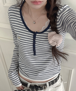 ボタンネックボーダー長袖Tシャツ NAVY