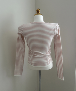 ボタンネックボーダー長袖Tシャツ