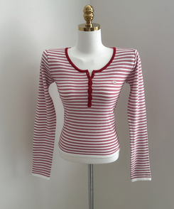 ボタンネックボーダー長袖Tシャツ