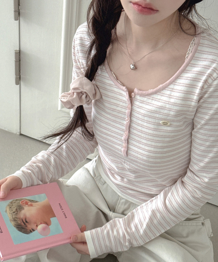 ボタンネックボーダー長袖Tシャツ PINK