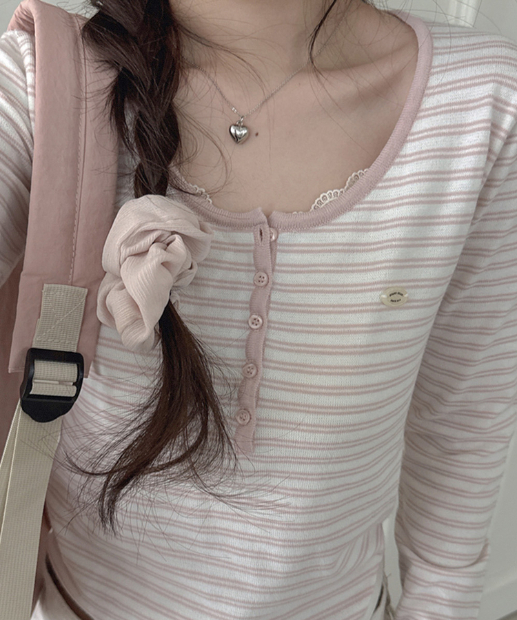 ボタンネックボーダー長袖Tシャツ PINK