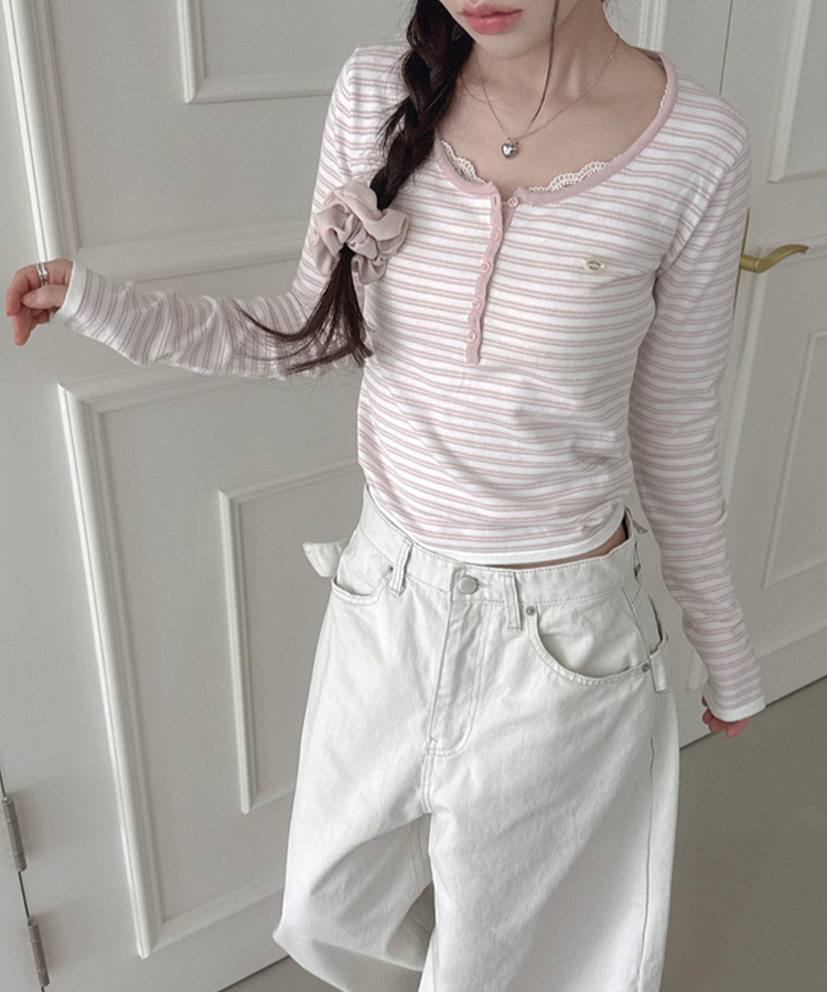 ボタンネックボーダー長袖Tシャツ PINK