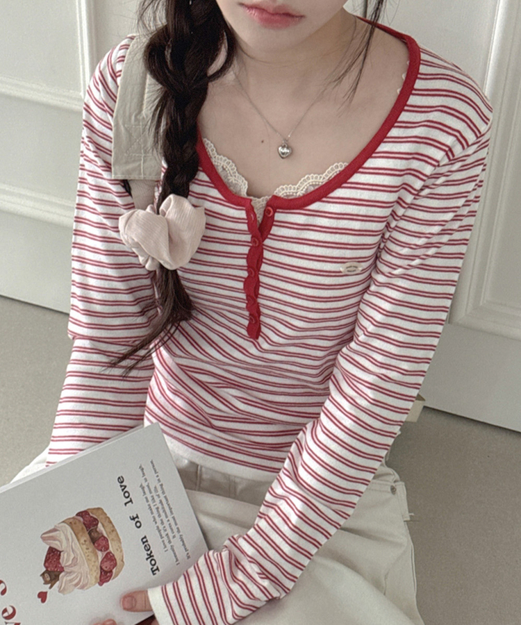 ボタンネックボーダー長袖Tシャツ RED