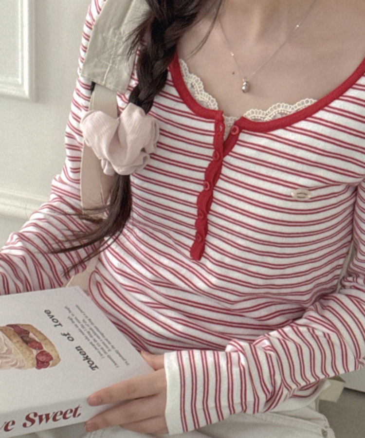 ボタンネックボーダー長袖Tシャツ RED