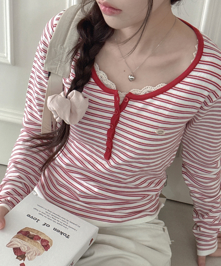 ボタンネックボーダー長袖Tシャツ RED