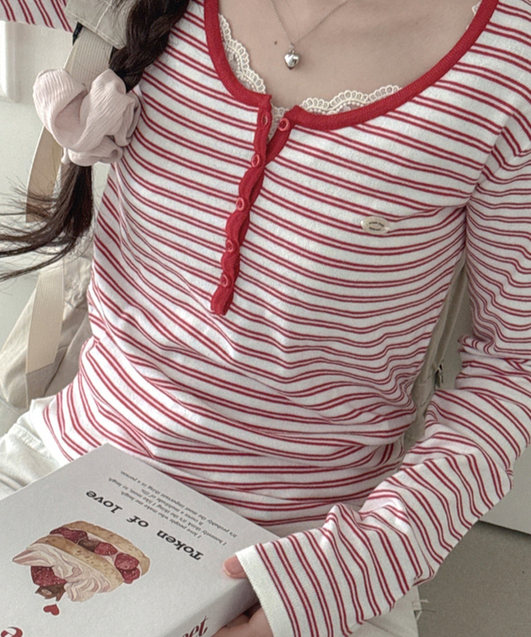 ボタンネックボーダー長袖Tシャツ RED