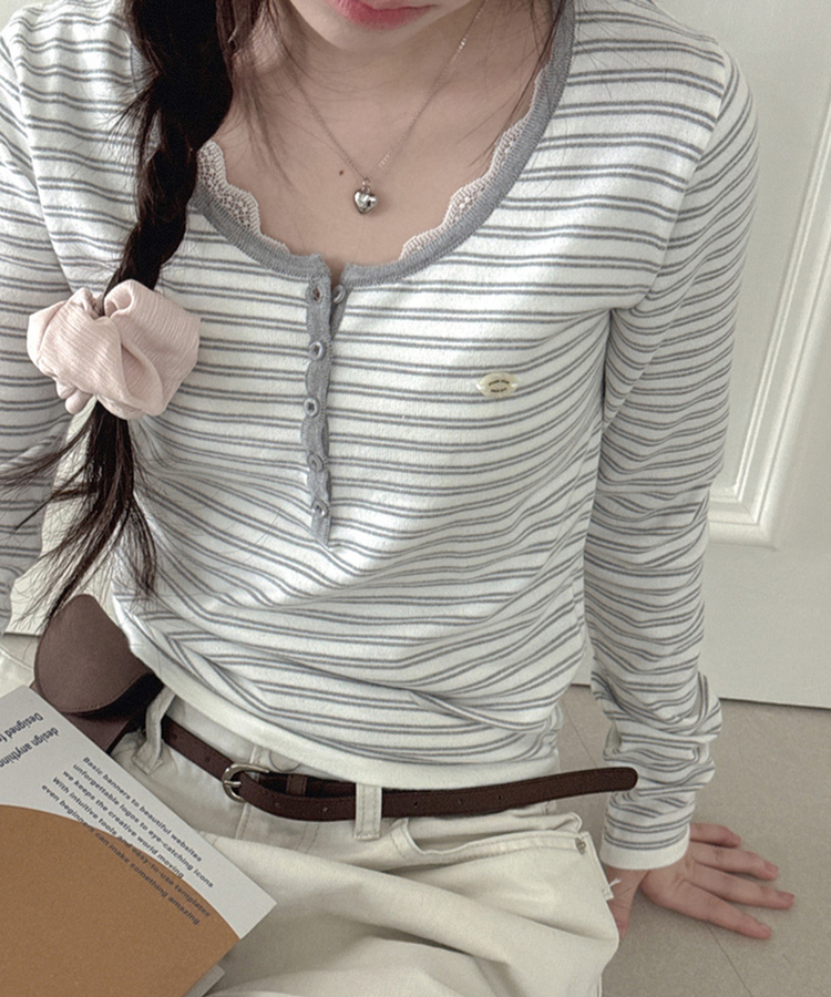 ボタンネックボーダー長袖Tシャツ GREY