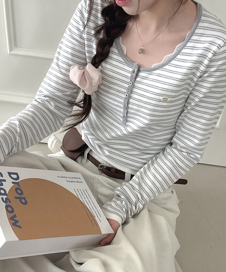 ボタンネックボーダー長袖Tシャツ GREY