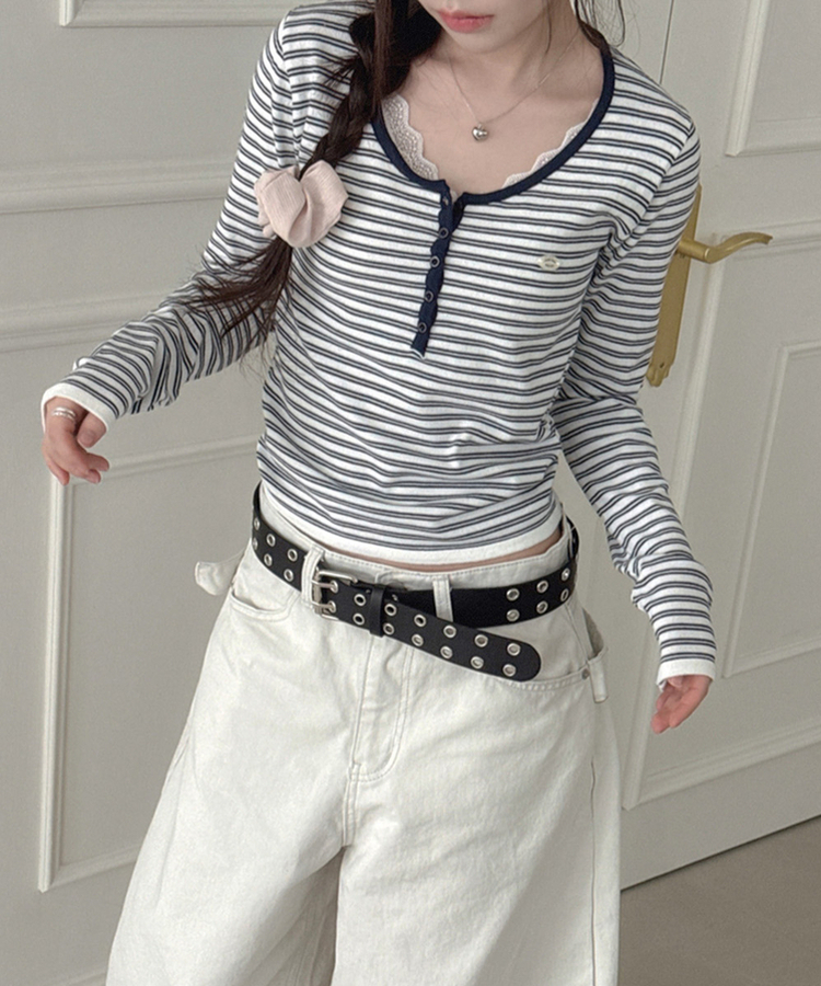 ボタンネックボーダー長袖Tシャツ NAVY