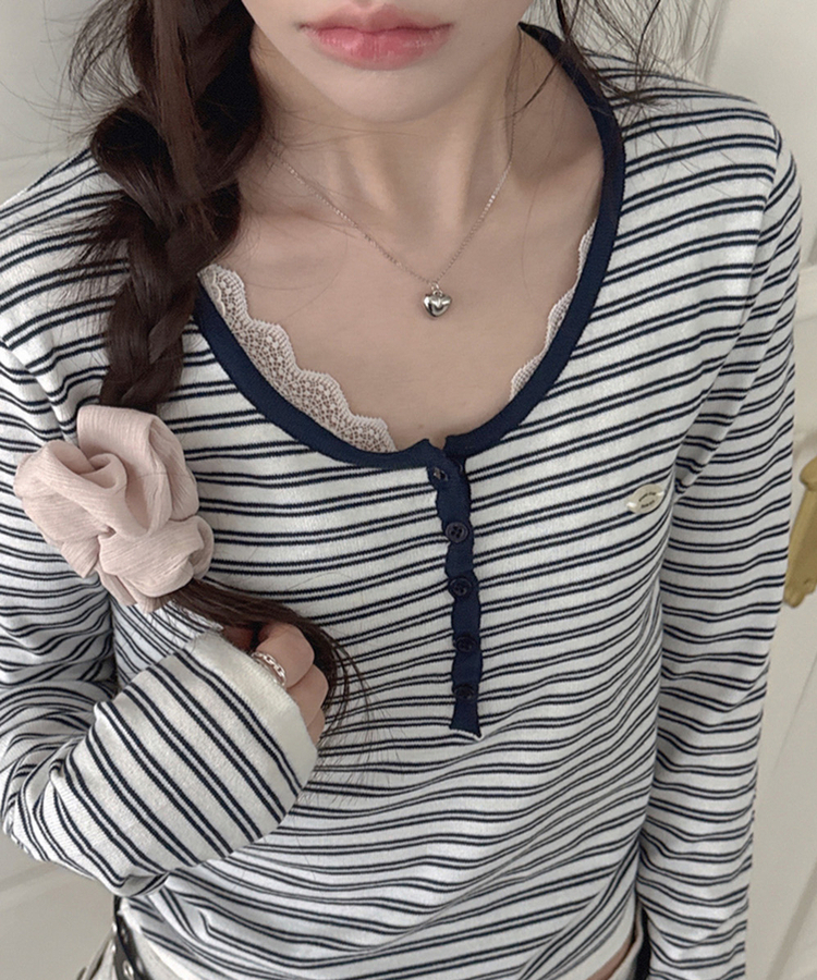 ボタンネックボーダー長袖Tシャツ NAVY