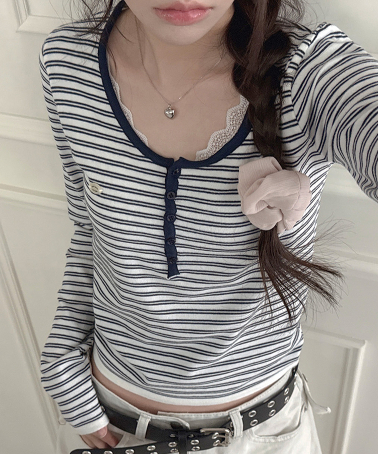 ボタンネックボーダー長袖Tシャツ NAVY