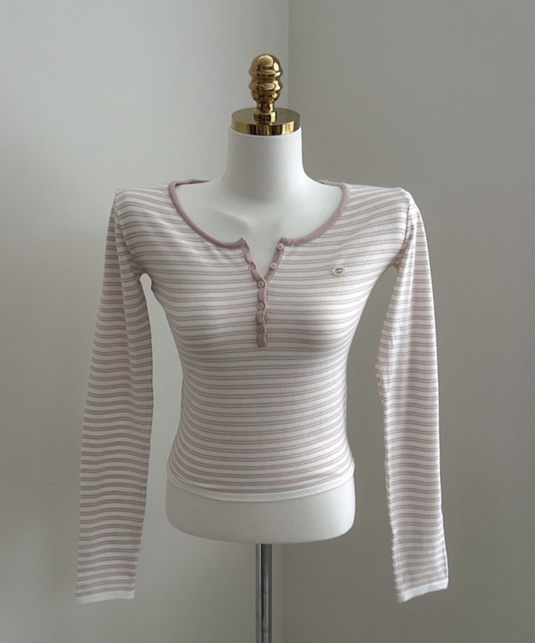 ボタンネックボーダー長袖Tシャツ