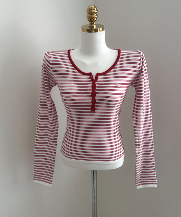 ボタンネックボーダー長袖Tシャツ