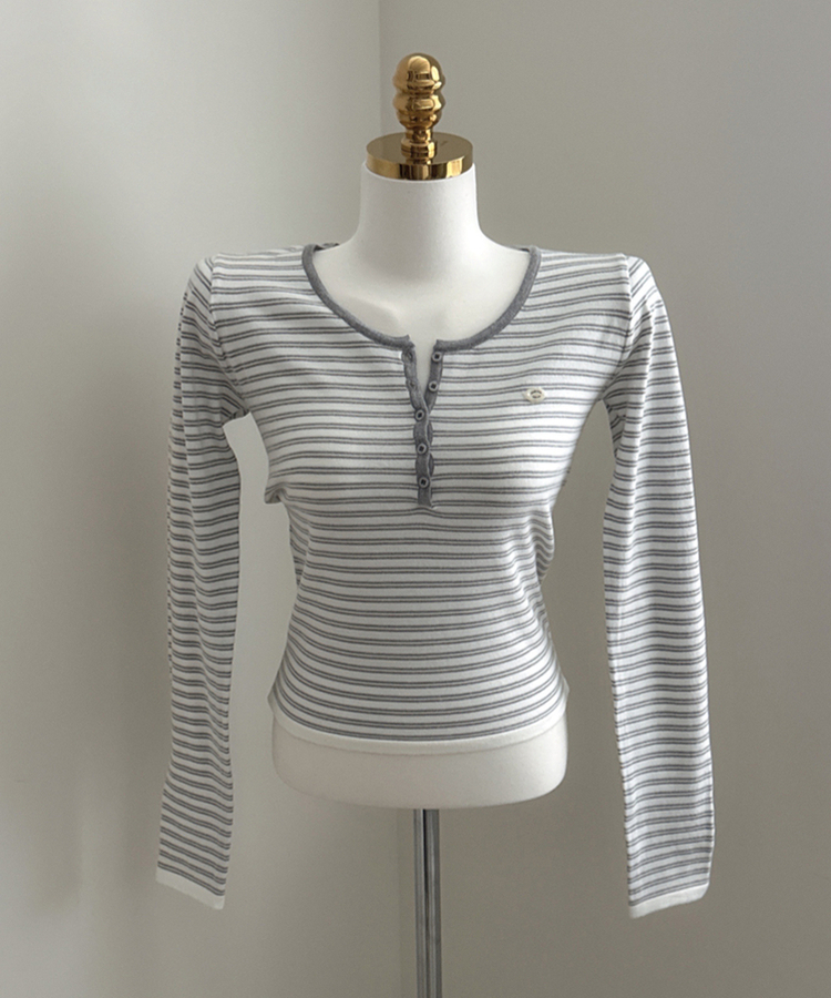 ボタンネックボーダー長袖Tシャツ