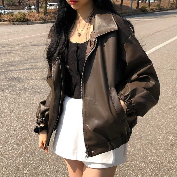 ルーズフィットデイリーレザー調ジャケット CHESTNUT BROWN