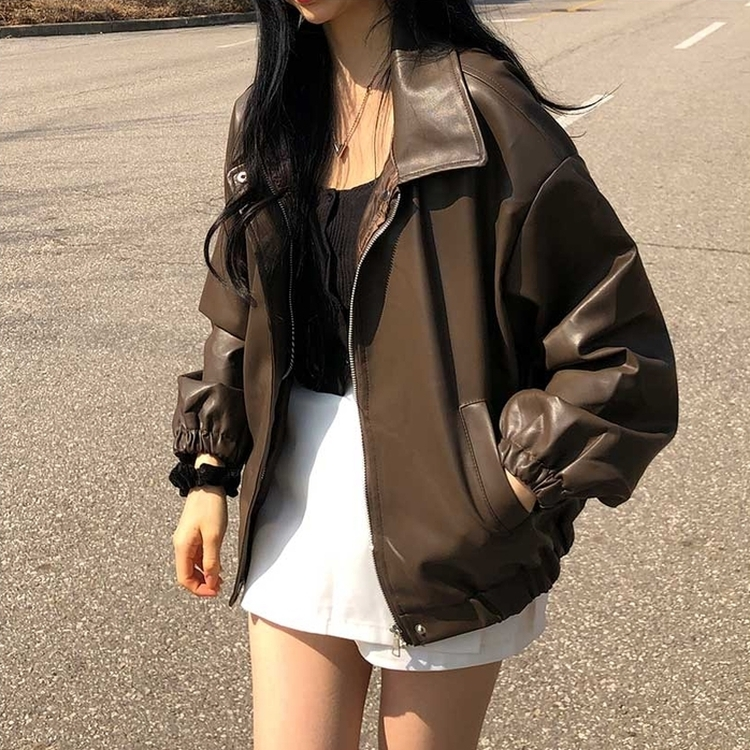 ルーズフィットデイリーレザー調ジャケット CHESTNUT BROWN