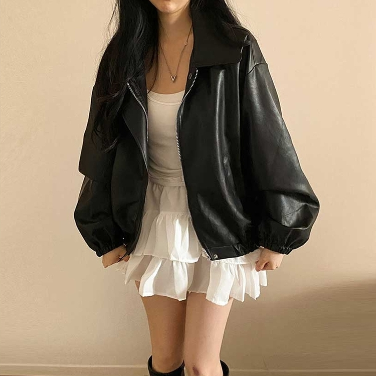 ルーズフィットデイリーレザー調ジャケット BLACK