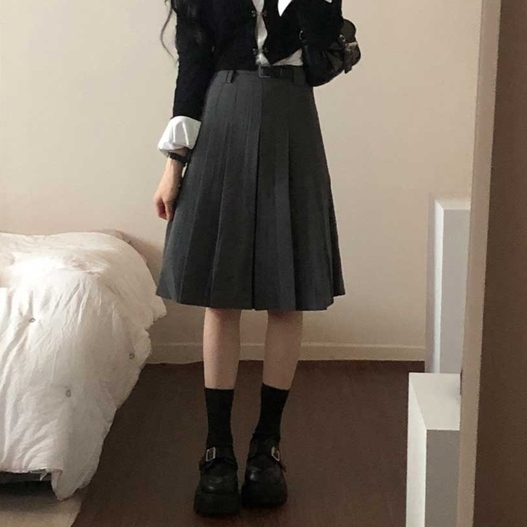 【ベルト付き】プリーツミディベルトスカート GREY