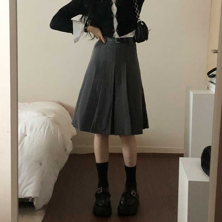 【ベルト付き】プリーツミディベルトスカート GREY