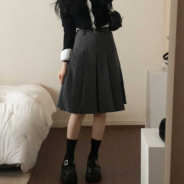 【ベルト付き】プリーツミディベルトスカート GREY