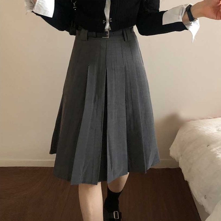 【ベルト付き】プリーツミディベルトスカート GREY