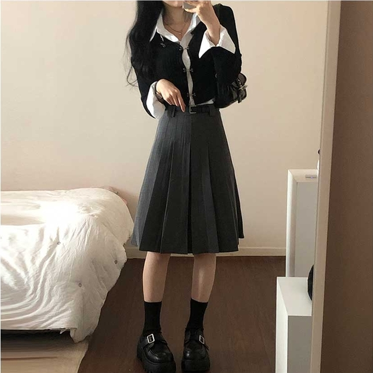 【ベルト付き】プリーツミディベルトスカート GREY