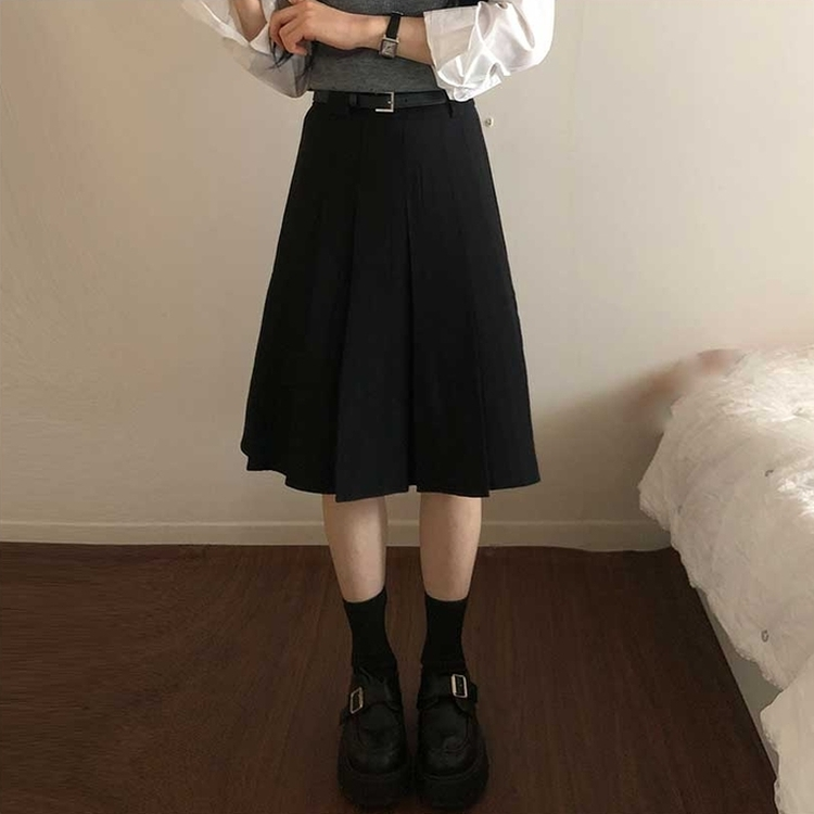 【ベルト付き】プリーツミディベルトスカート BLACK