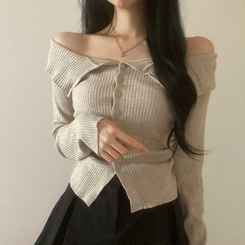 ビックカラーオフショルダーリブニット(5color) DEEP BEIGE