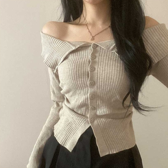 ビックカラーオフショルダーリブニット(5color) DEEP BEIGE