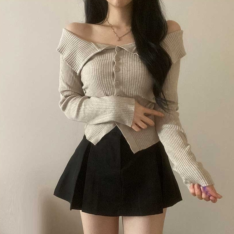 ビックカラーオフショルダーリブニット(5color) DEEP BEIGE