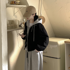 レイヤードストリングフードジップアップ BLACK