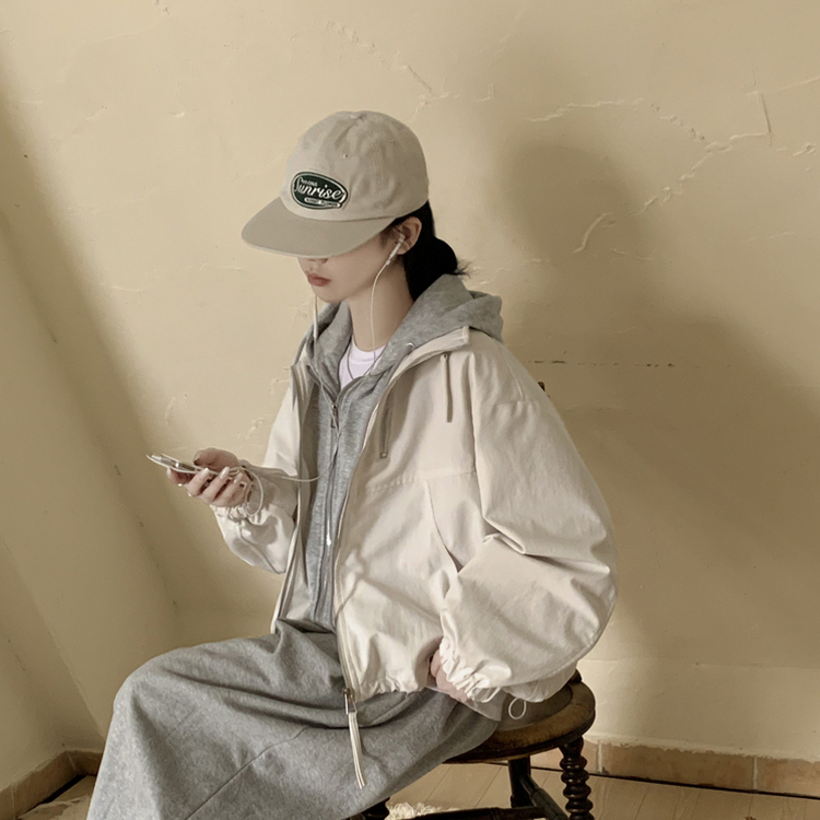 아방핏 일체형 후드 스트링 오버핏 후드집업 숏야상 자켓 바람막이 아이보리