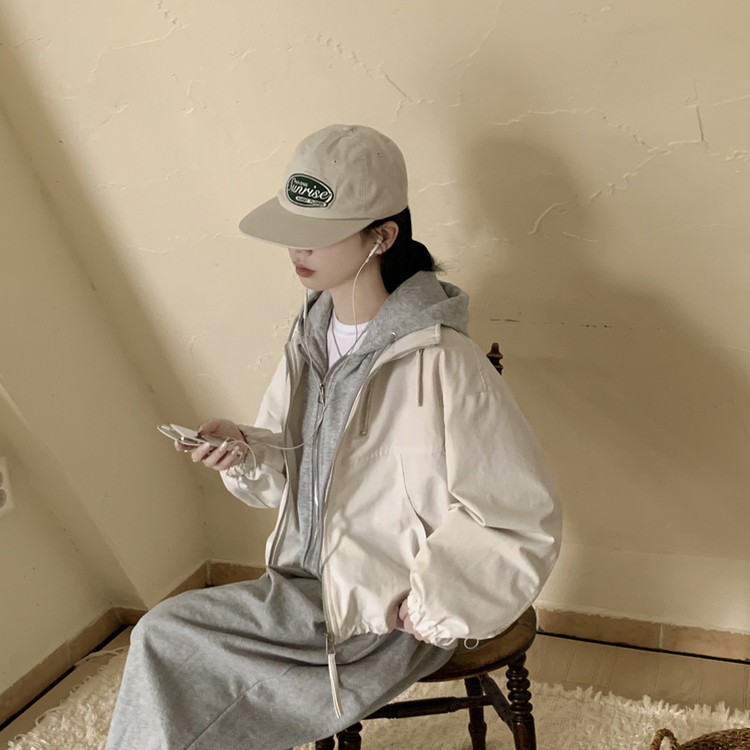 아방핏 일체형 후드 스트링 오버핏 후드집업 숏야상 자켓 바람막이 아이보리