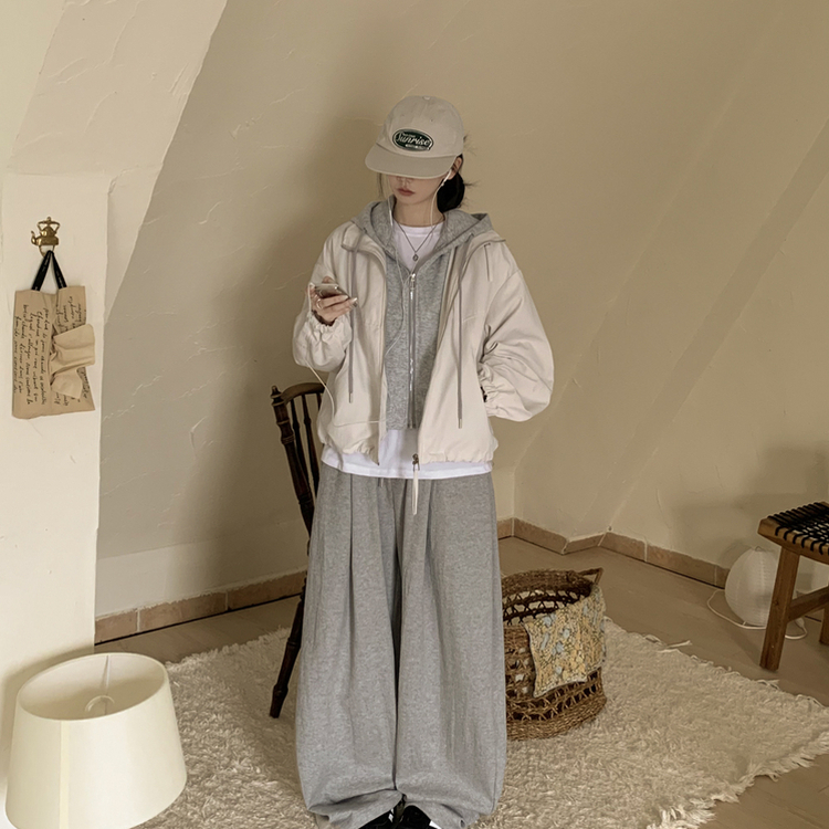 아방핏 일체형 후드 스트링 오버핏 후드집업 숏야상 자켓 바람막이 아이보리