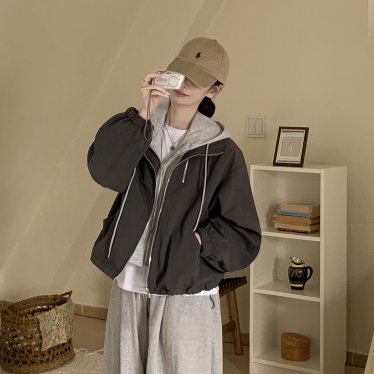 아방핏 일체형 후드 스트링 오버핏 후드집업 숏야상 자켓 바람막이 카키