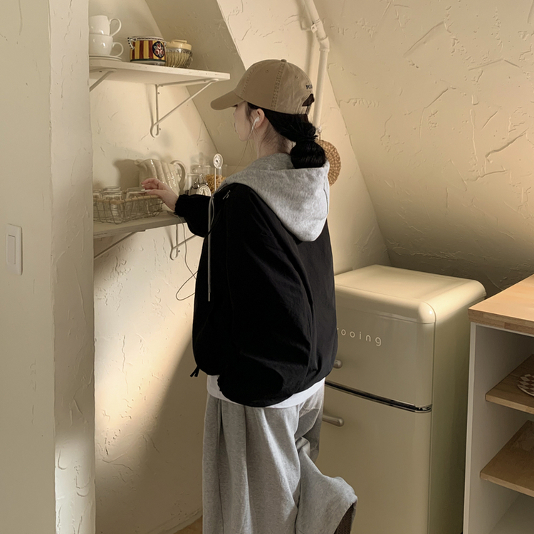 아방핏 일체형 후드 스트링 오버핏 후드집업 숏야상 자켓 바람막이 블랙