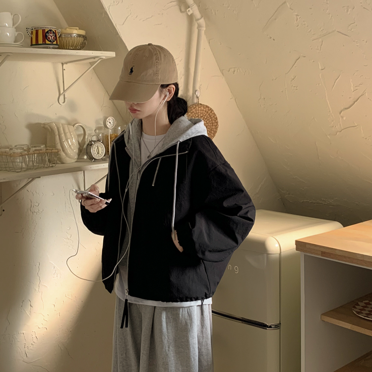 아방핏 일체형 후드 스트링 오버핏 후드집업 숏야상 자켓 바람막이 블랙