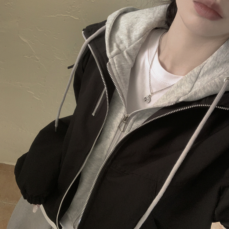 아방핏 일체형 후드 스트링 오버핏 후드집업 숏야상 자켓 바람막이 블랙