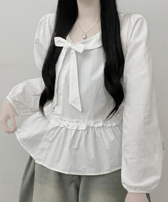 미벨리본프릴사선버튼카라벌룬핏블라우스 화이트